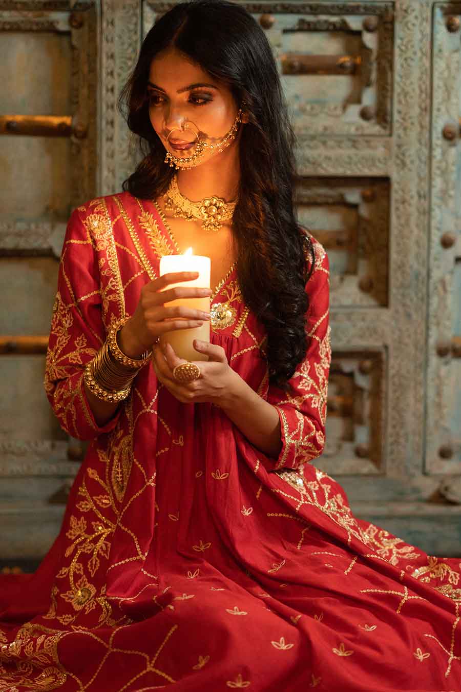 Red Chanderi Embroidered Kurta Set