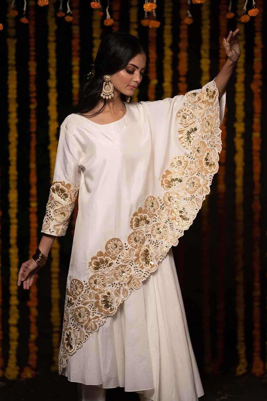 White Asymmetrical Embroidered Cape Set