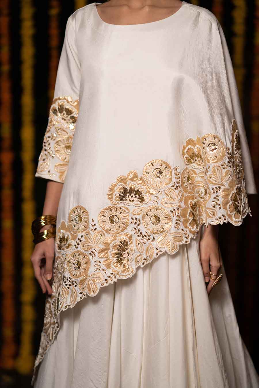 White Asymmetrical Embroidered Cape Set