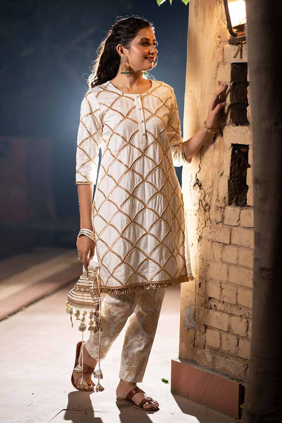 White Chanderi Embroidered Kurta Set