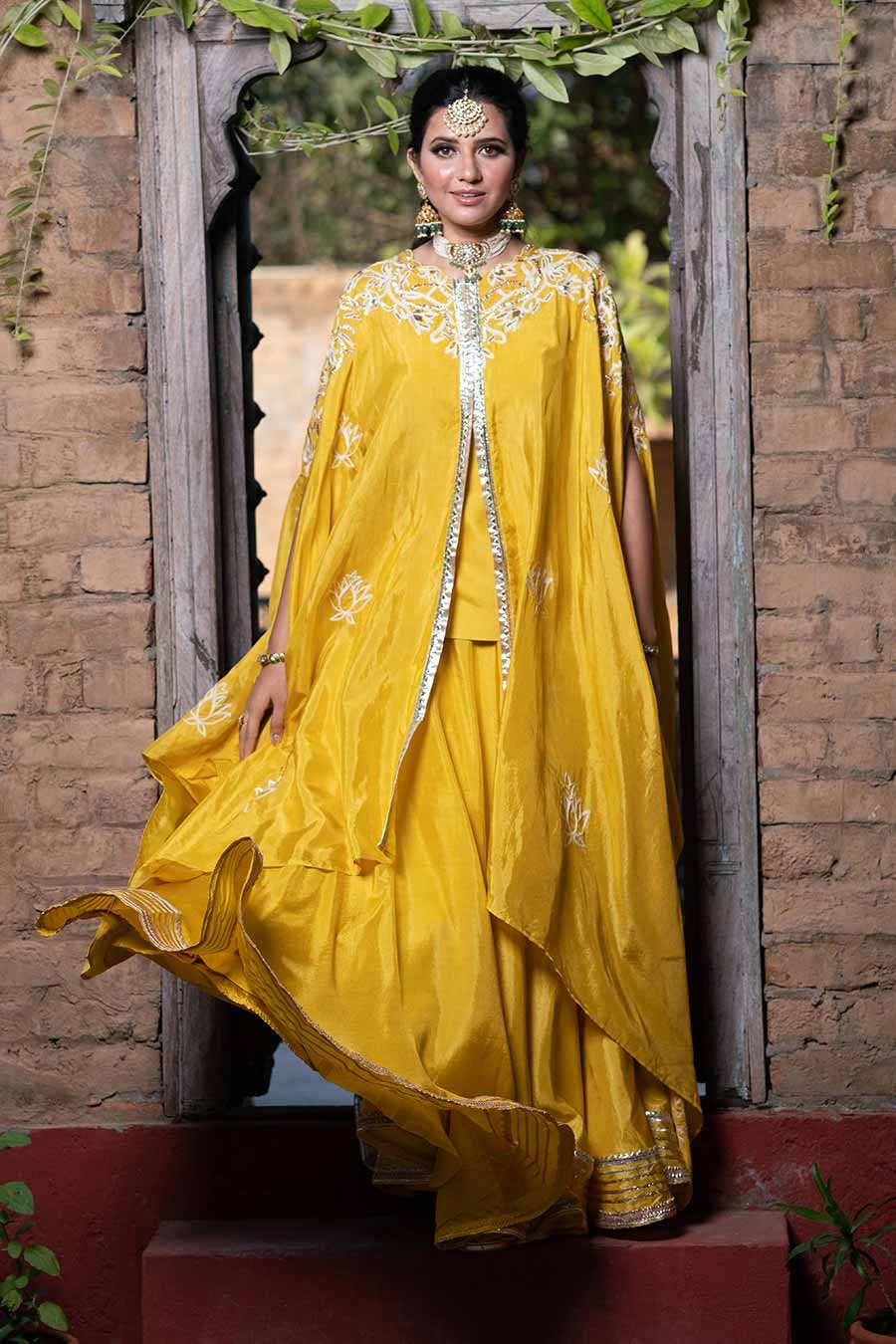 Yellow Chanderi Embroidered Cape Set