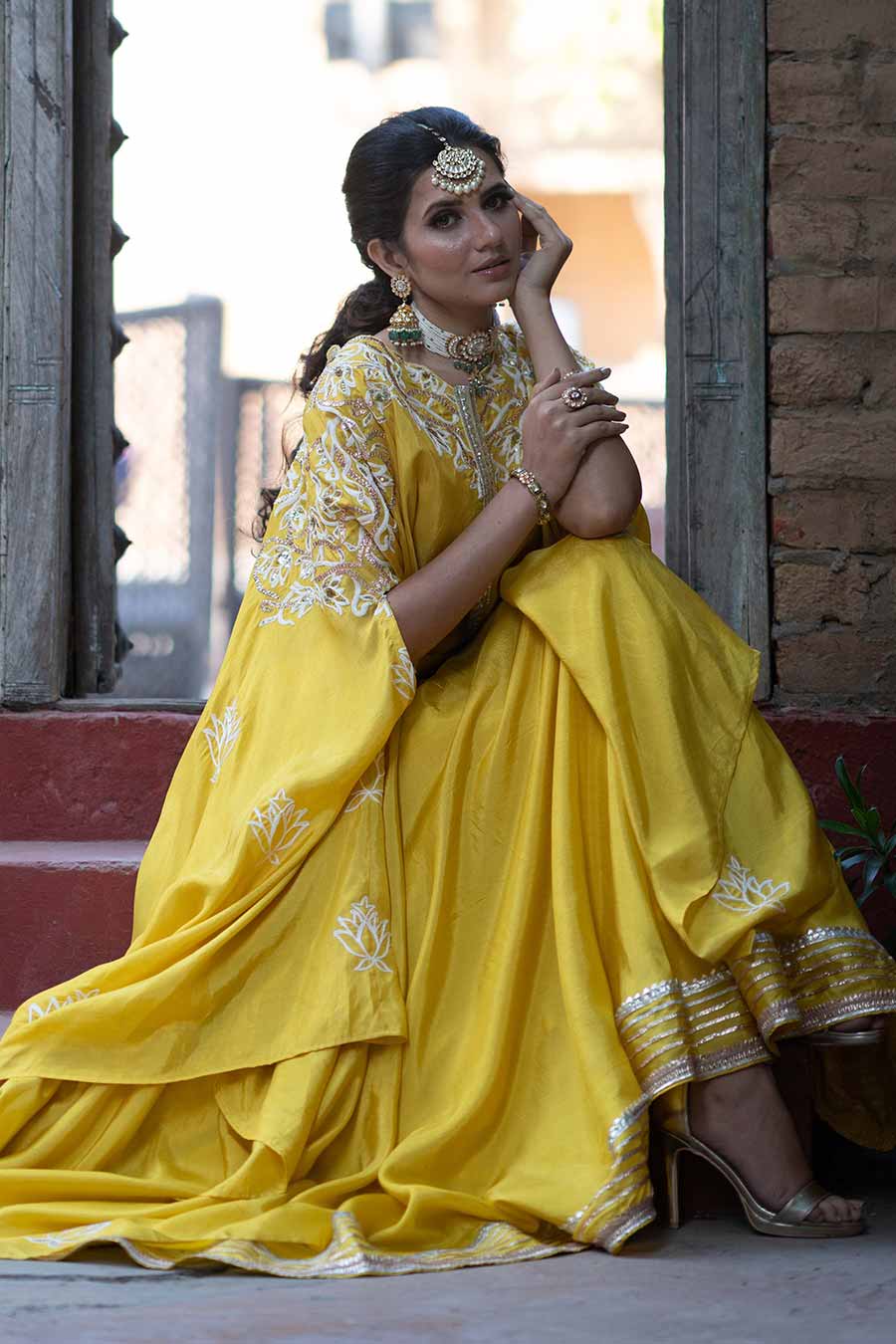 Yellow Chanderi Embroidered Cape Set