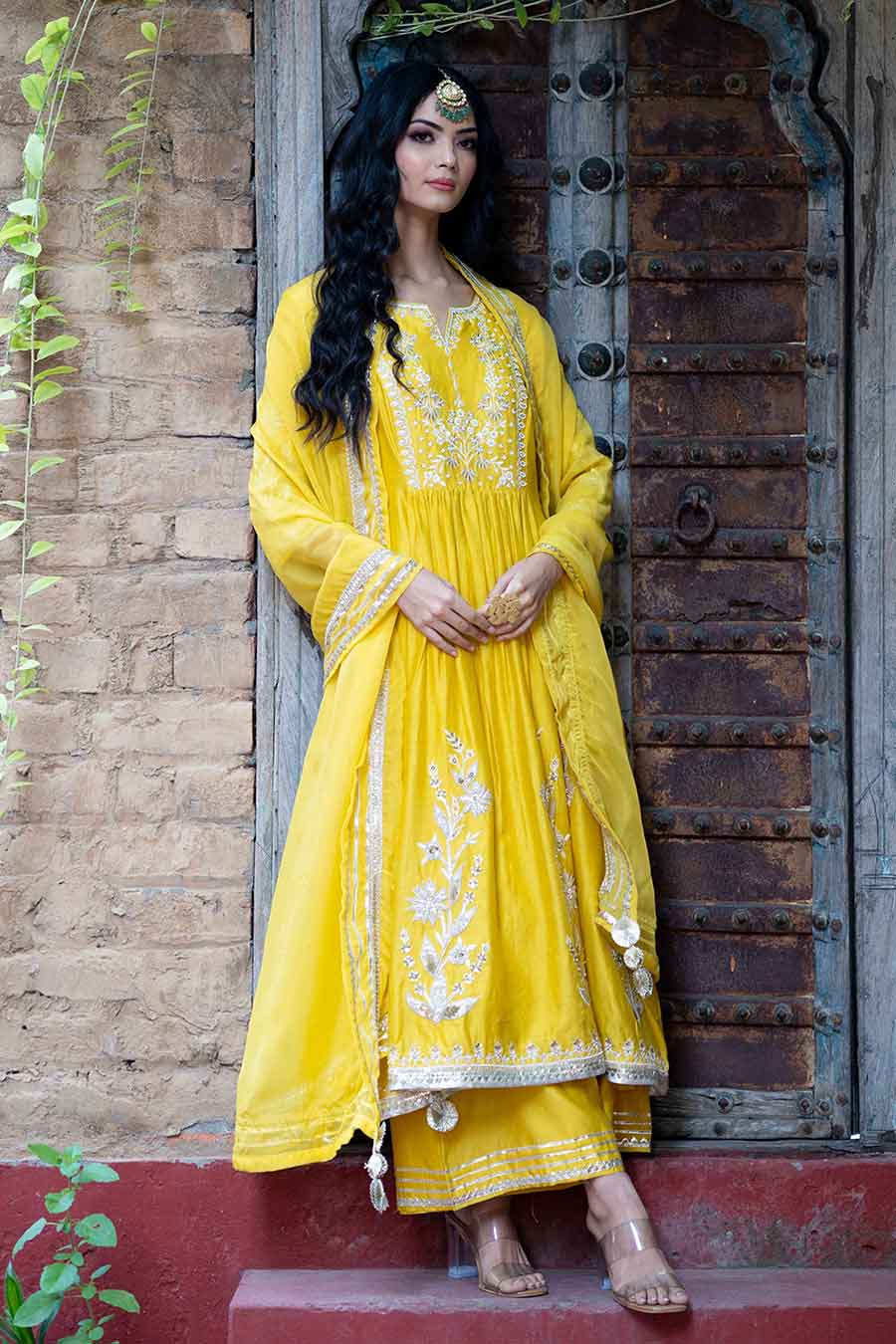 Yellow Chanderi Embroidered Anarkali Set