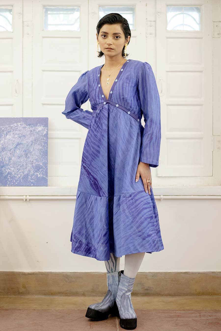 Berry Blue Chanderi Silk Midi Dress