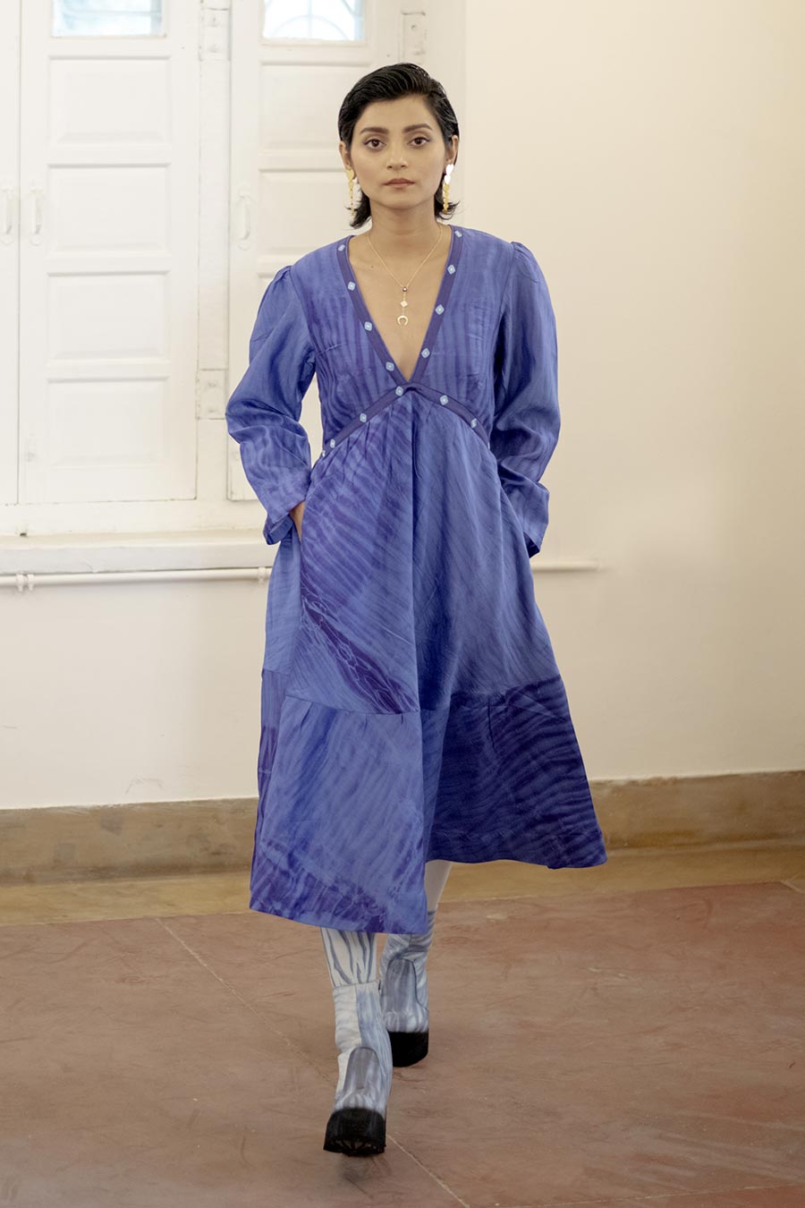 Berry Blue Chanderi Silk Midi Dress