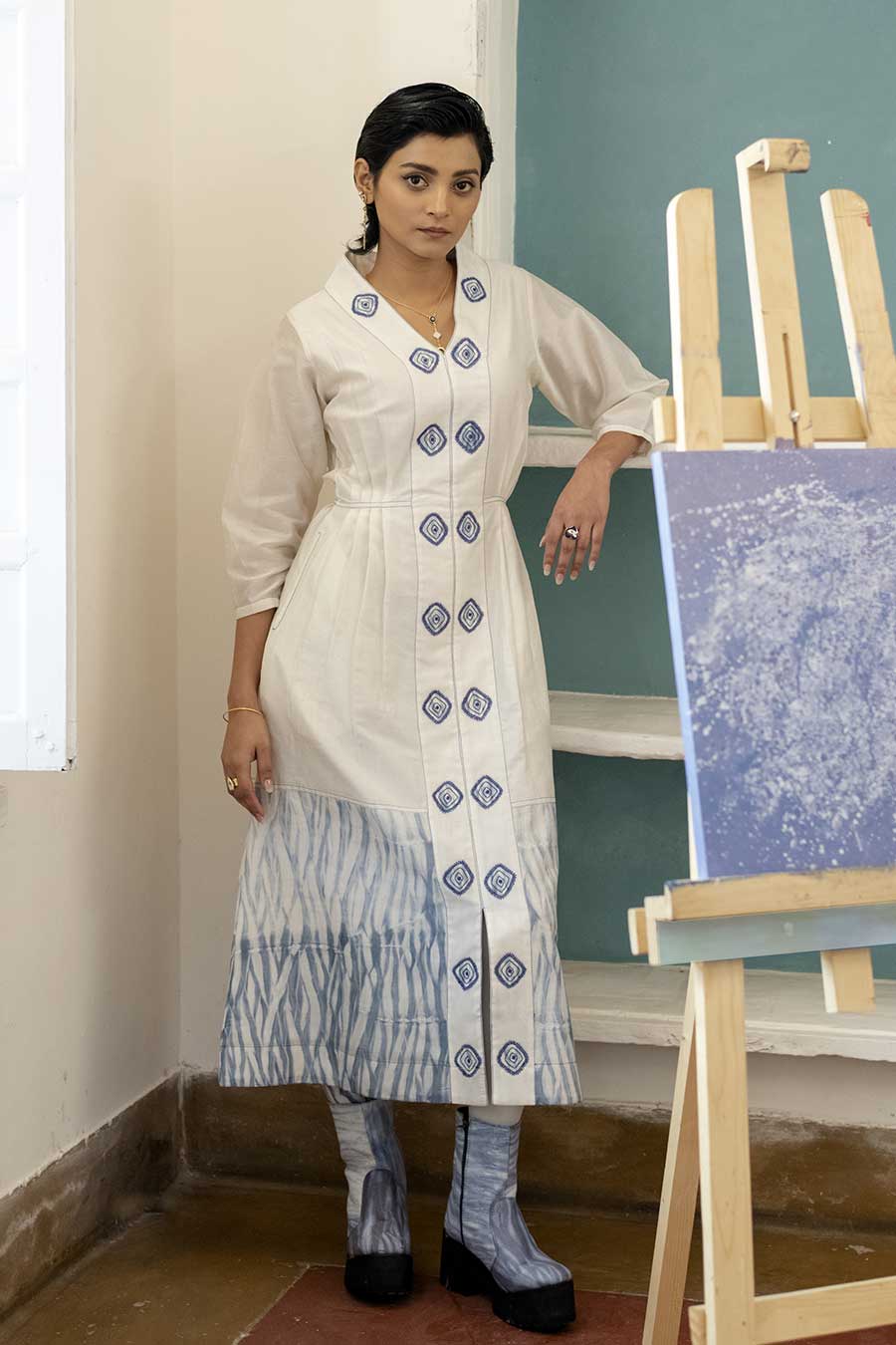 Cloudy Day Embroidered Chanderi Silk Dress
