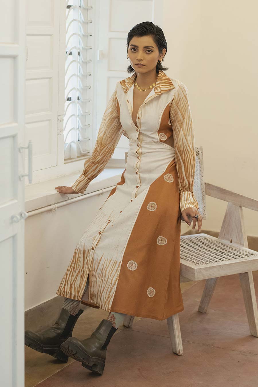 Sepia Paradise Chanderi Silk Shirt Dress
