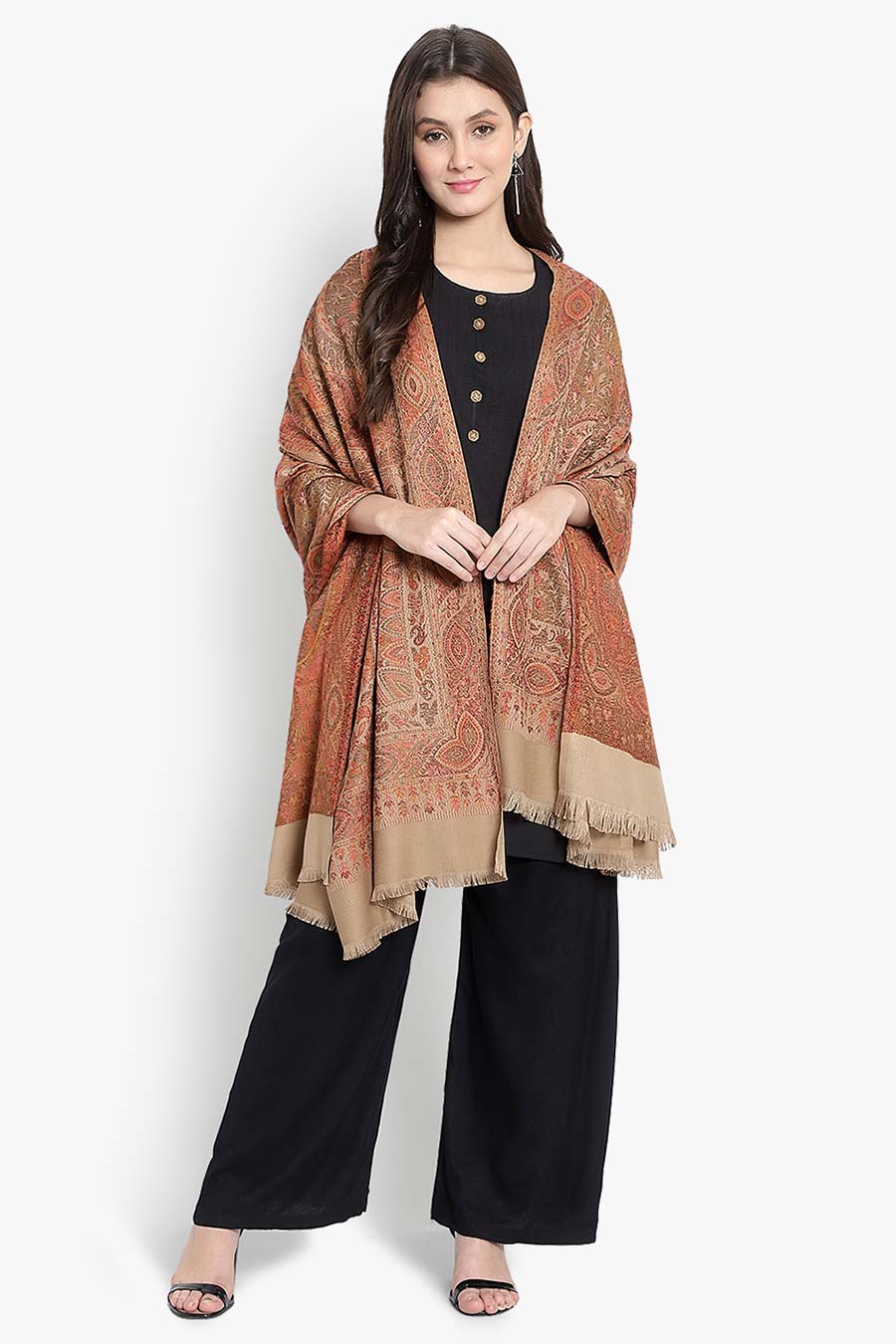 Beige Paisley Fine Wool Kashmiri Shawl