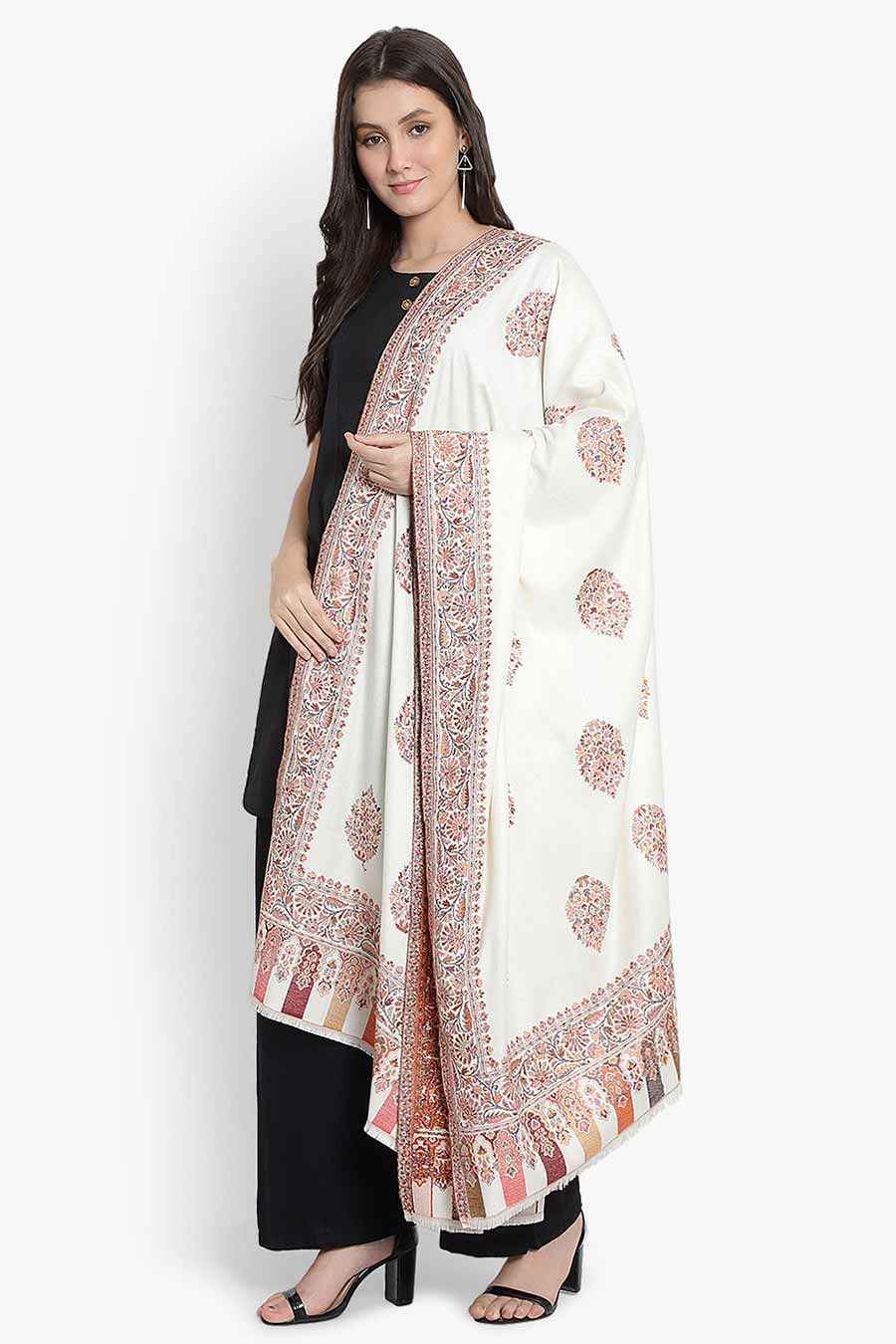 Cream Booti Fine Wool Kashmiri Shawl