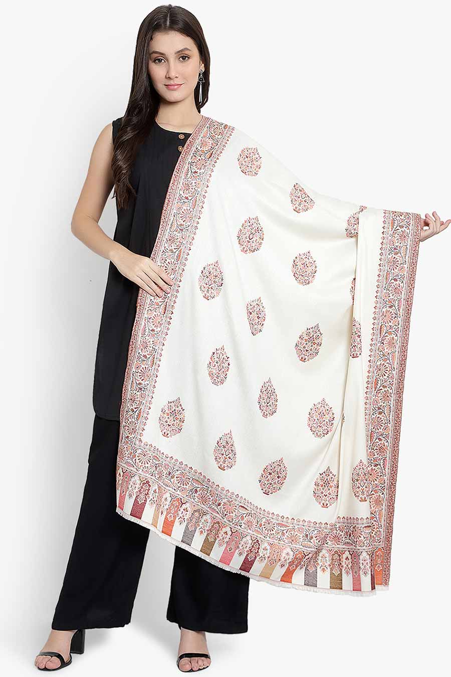 Cream Booti Fine Wool Kashmiri Shawl