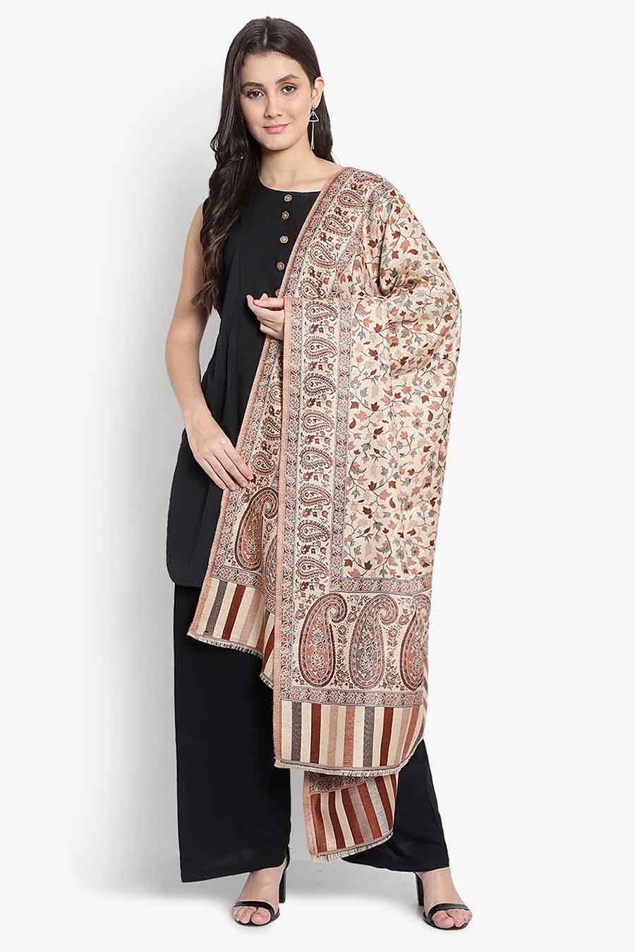 Beige Paisley Fine Wool Kashmiri Shawl