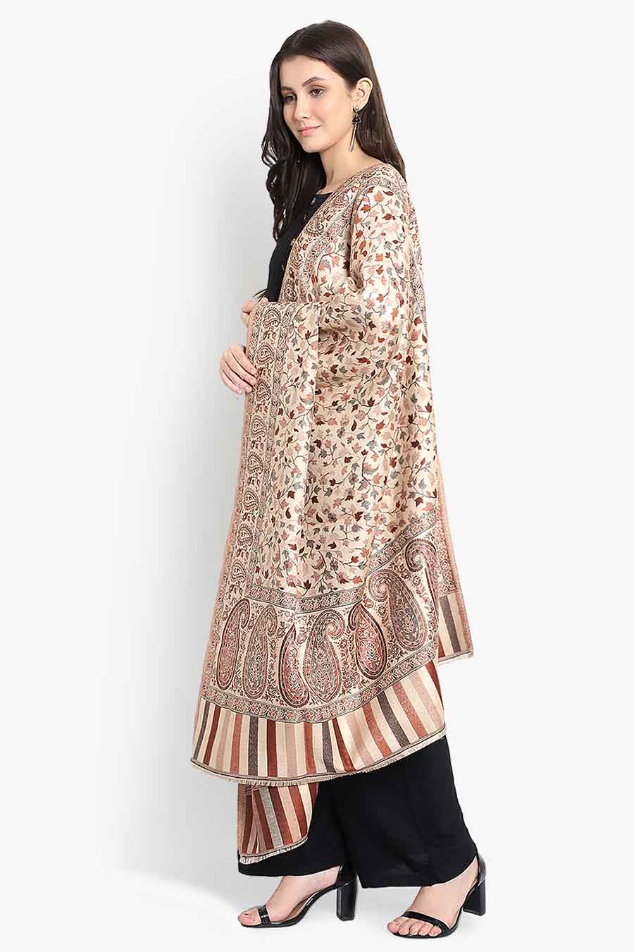 Beige Paisley Fine Wool Kashmiri Shawl