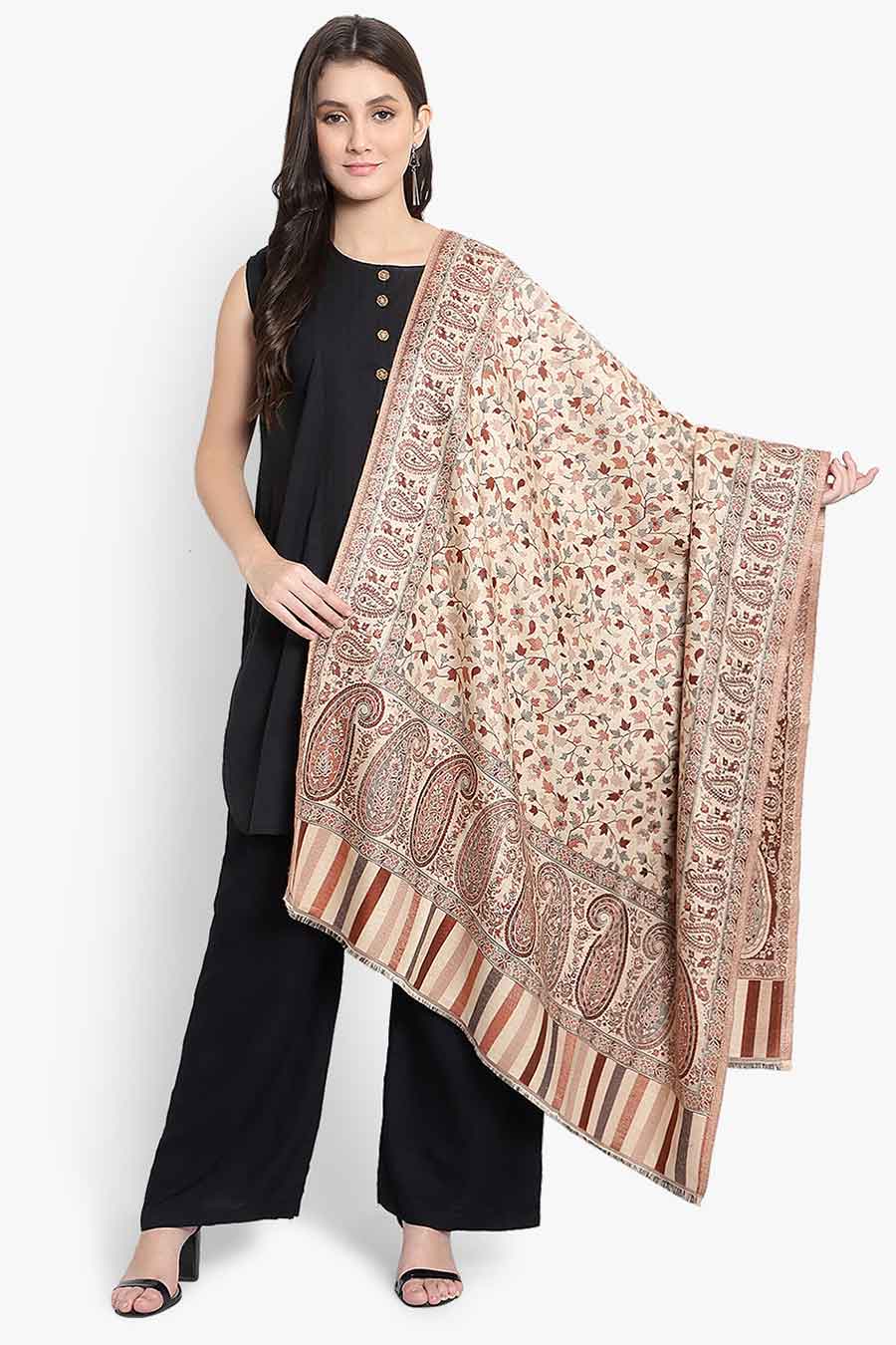 Beige Paisley Fine Wool Kashmiri Shawl