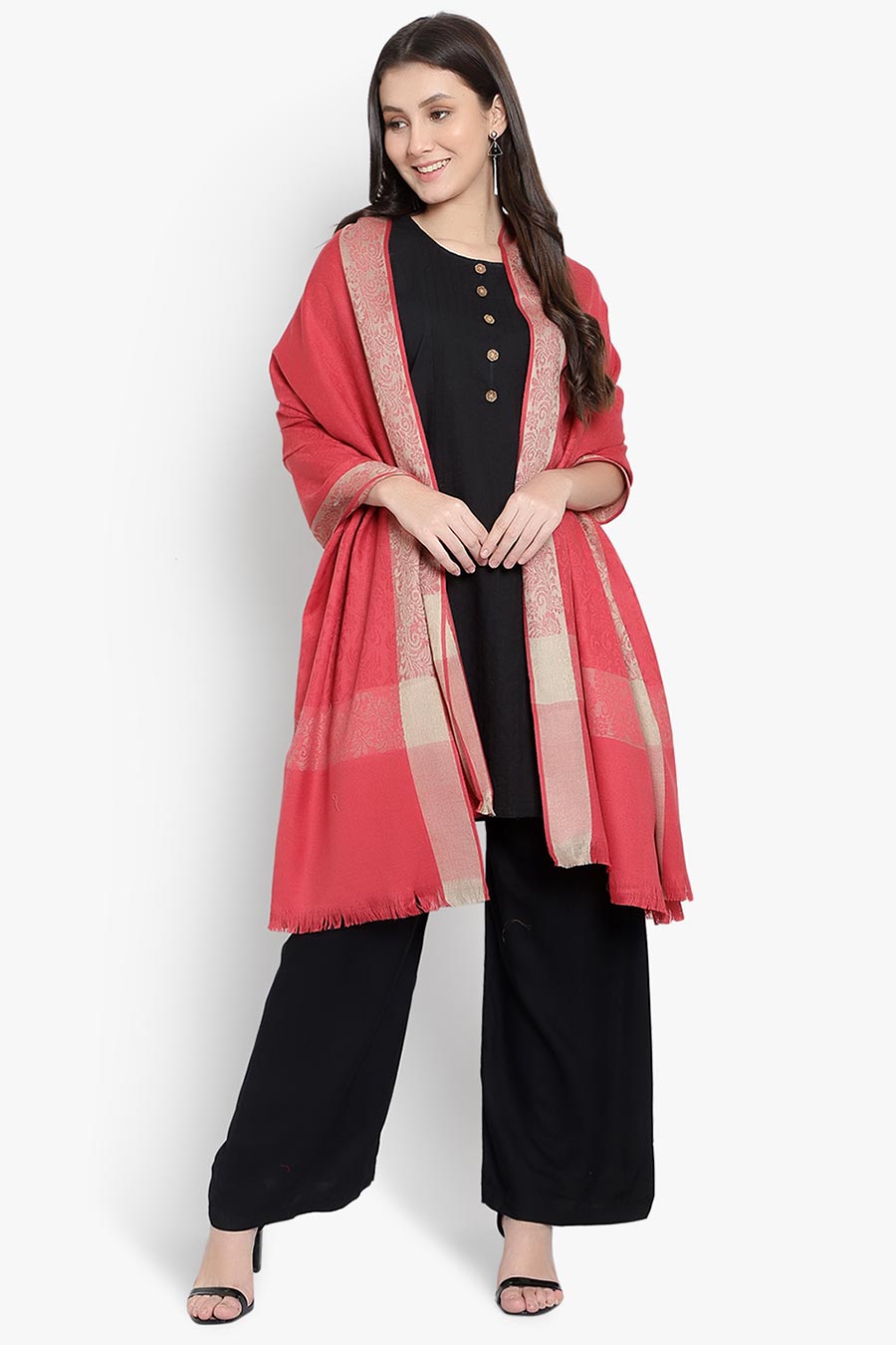 Pink Floral Texture Fine Wool Kashmiri Shawl