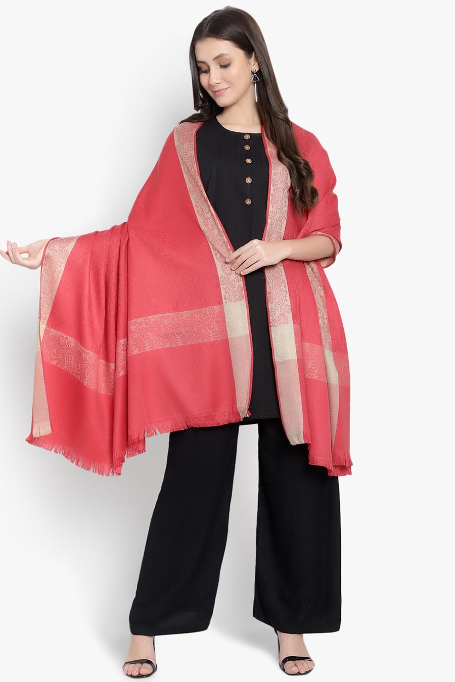 Pink Floral Texture Fine Wool Kashmiri Shawl