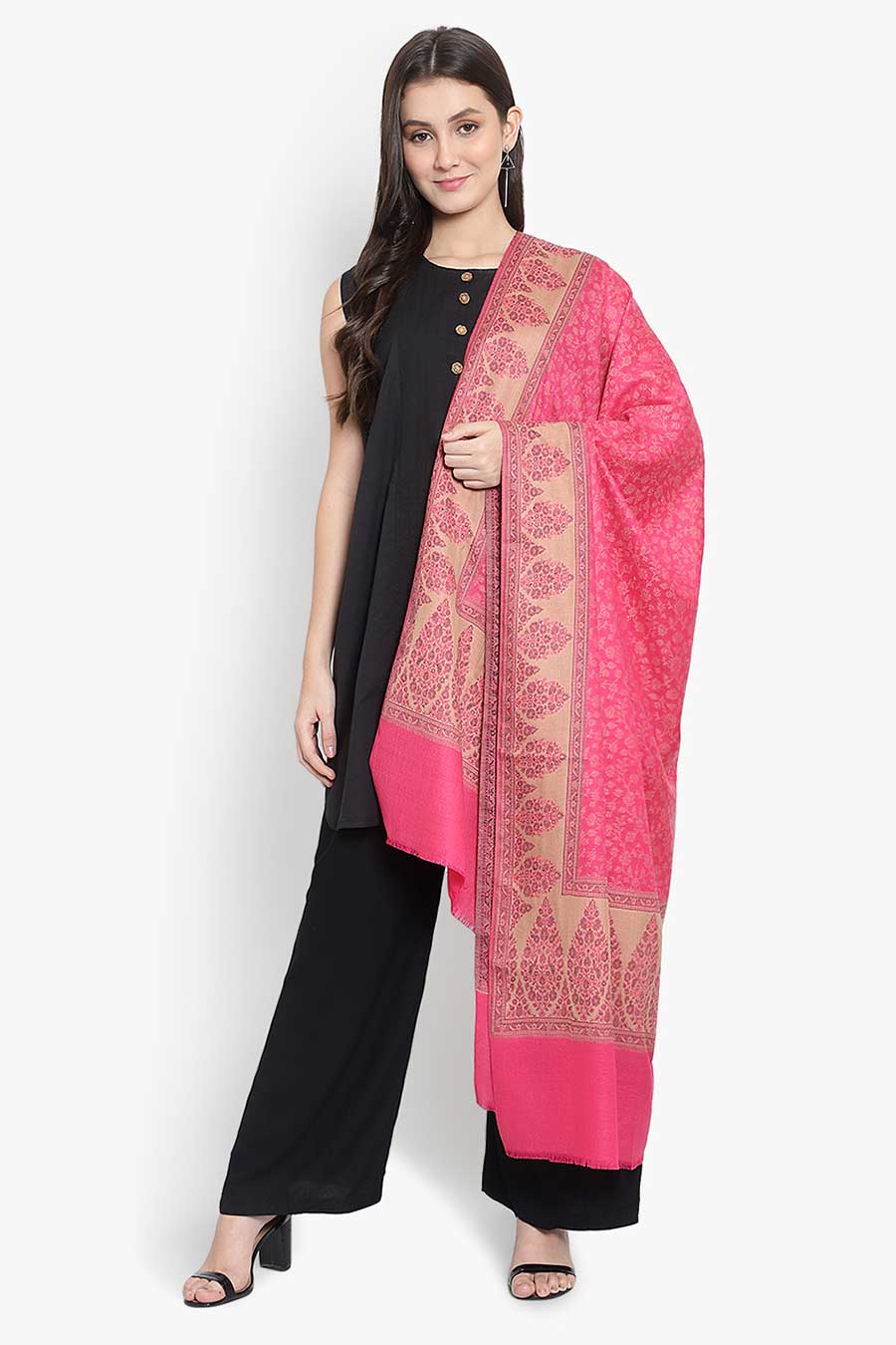 Pink Floral Fine Wool Kashmiri Shawl