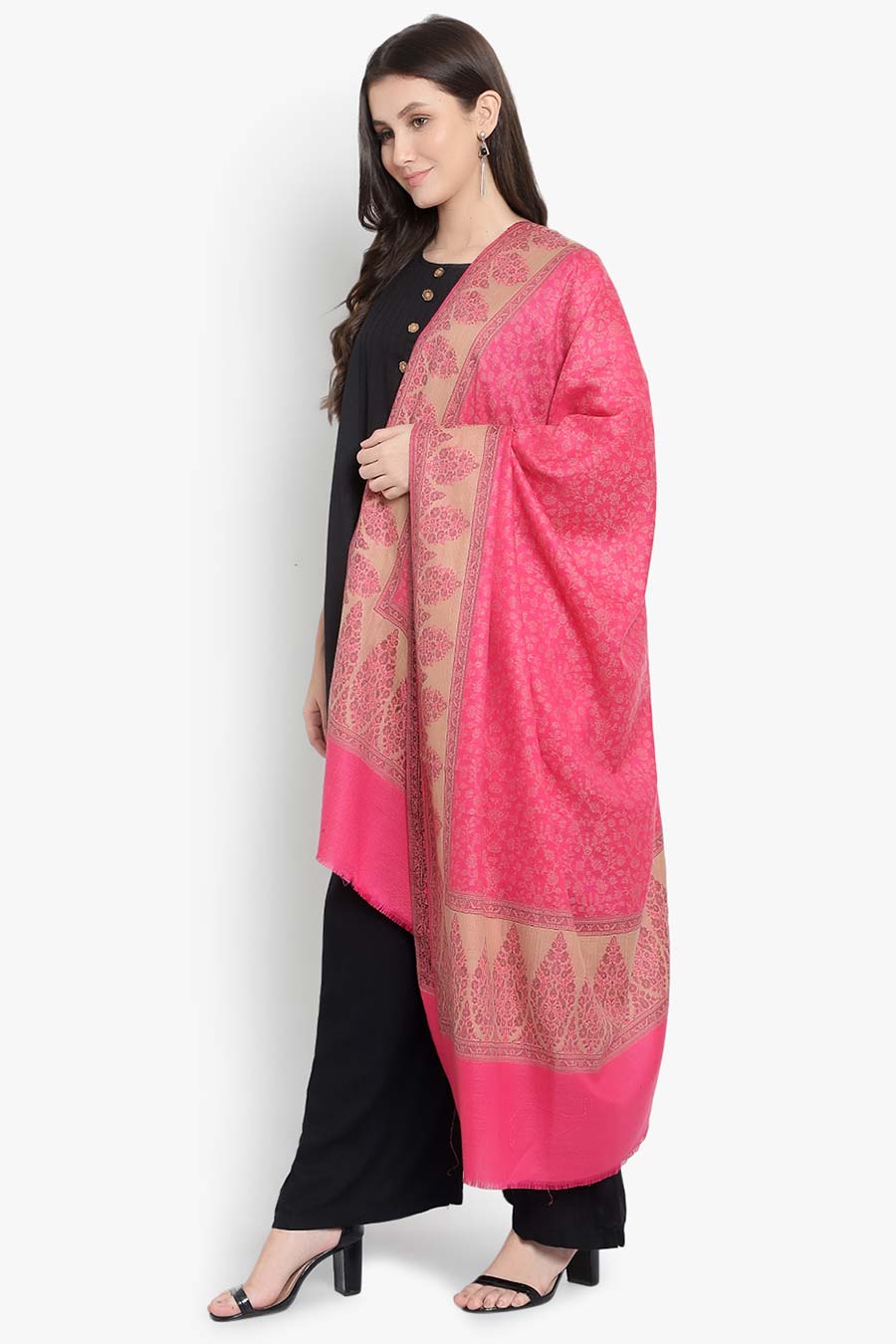 Pink Floral Fine Wool Kashmiri Shawl