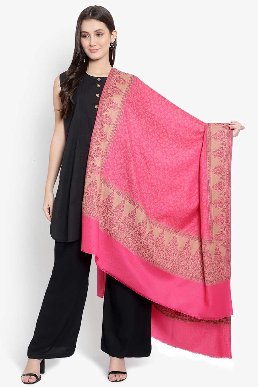 Pink Floral Fine Wool Kashmiri Shawl