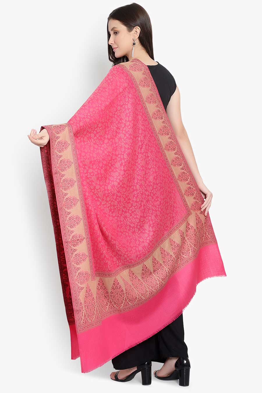 Pink Floral Fine Wool Kashmiri Shawl