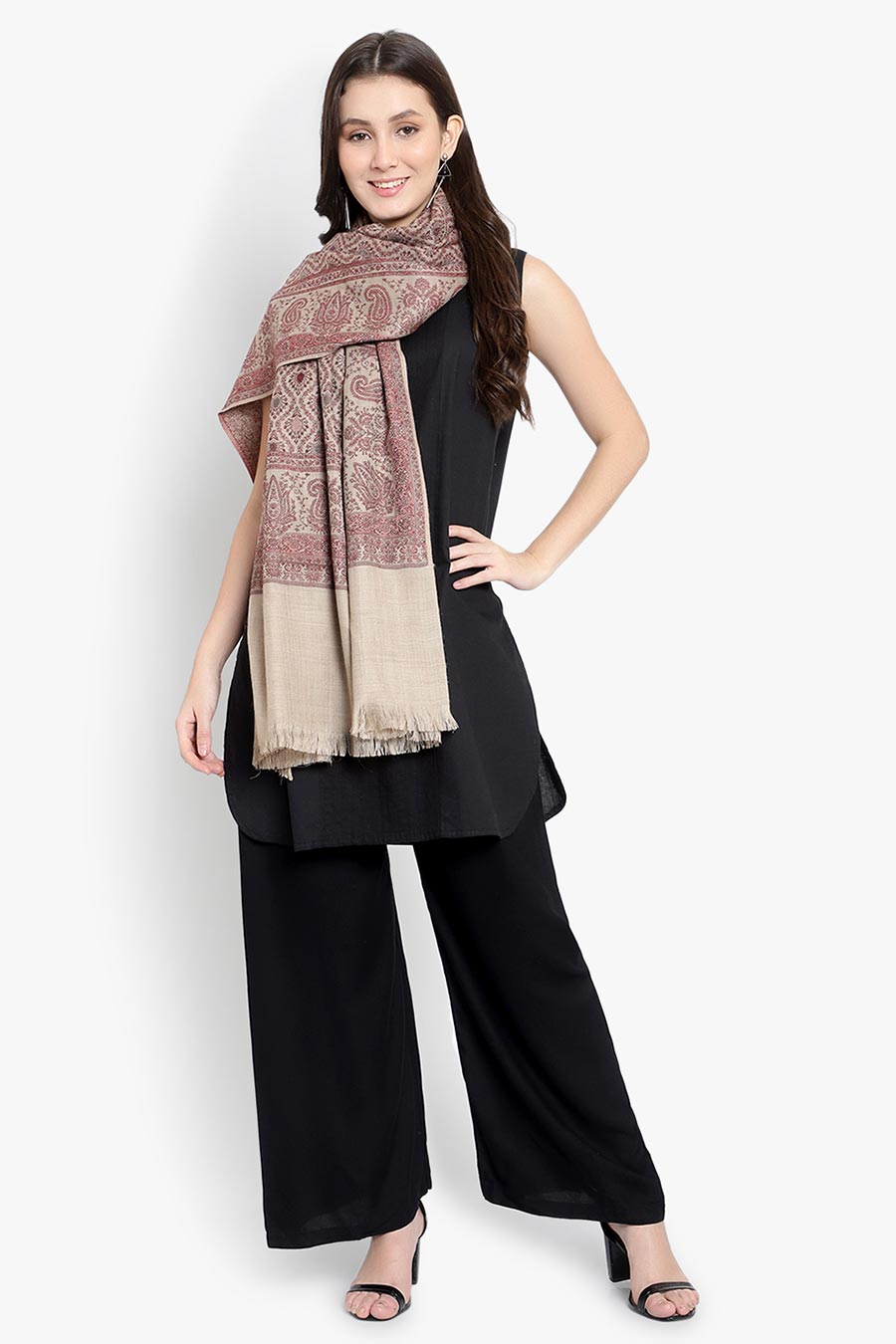 Beige Paisley Fine Wool Kashmiri Shawl