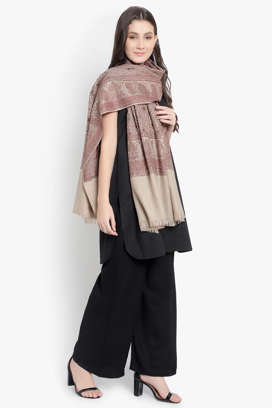 Beige Paisley Fine Wool Kashmiri Shawl