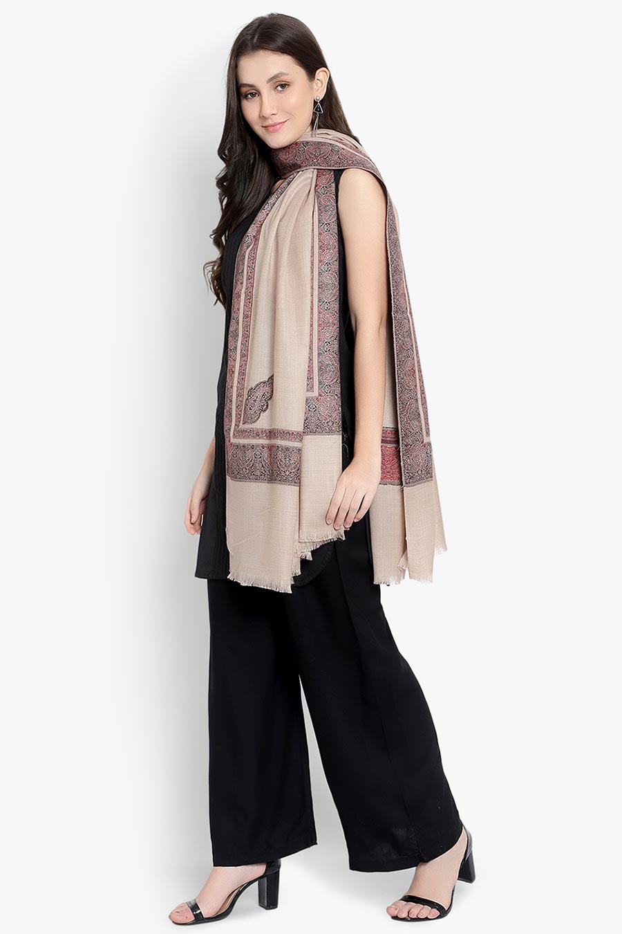 Beige Kunj Border Fine Wool Kashmiri Shawl