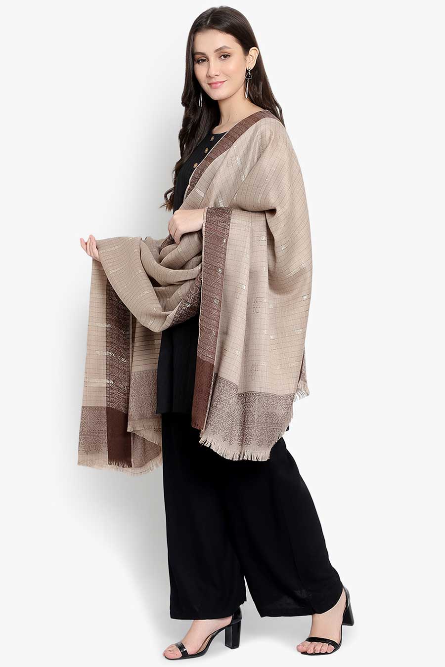 Beige Stripes Fine Wool Kashmiri Shawl