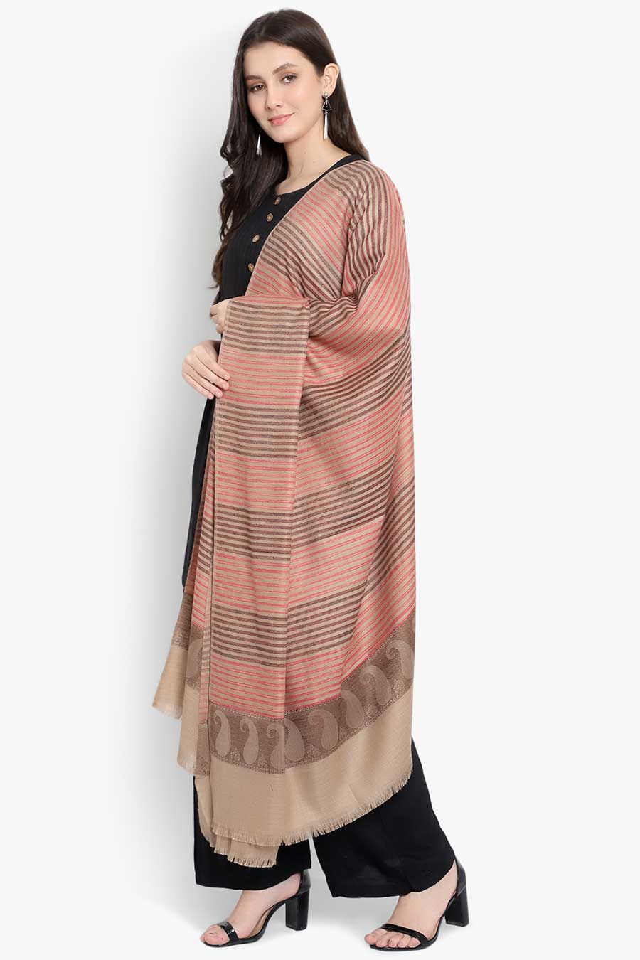 Beige & Pink Stripes Fine Wool Kashmiri Shawl