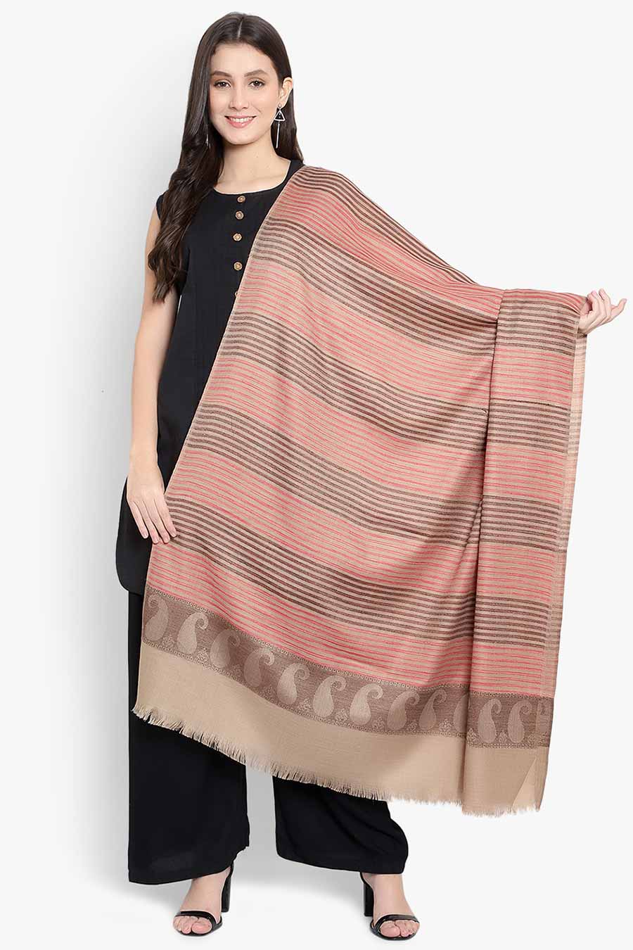 Beige & Pink Stripes Fine Wool Kashmiri Shawl