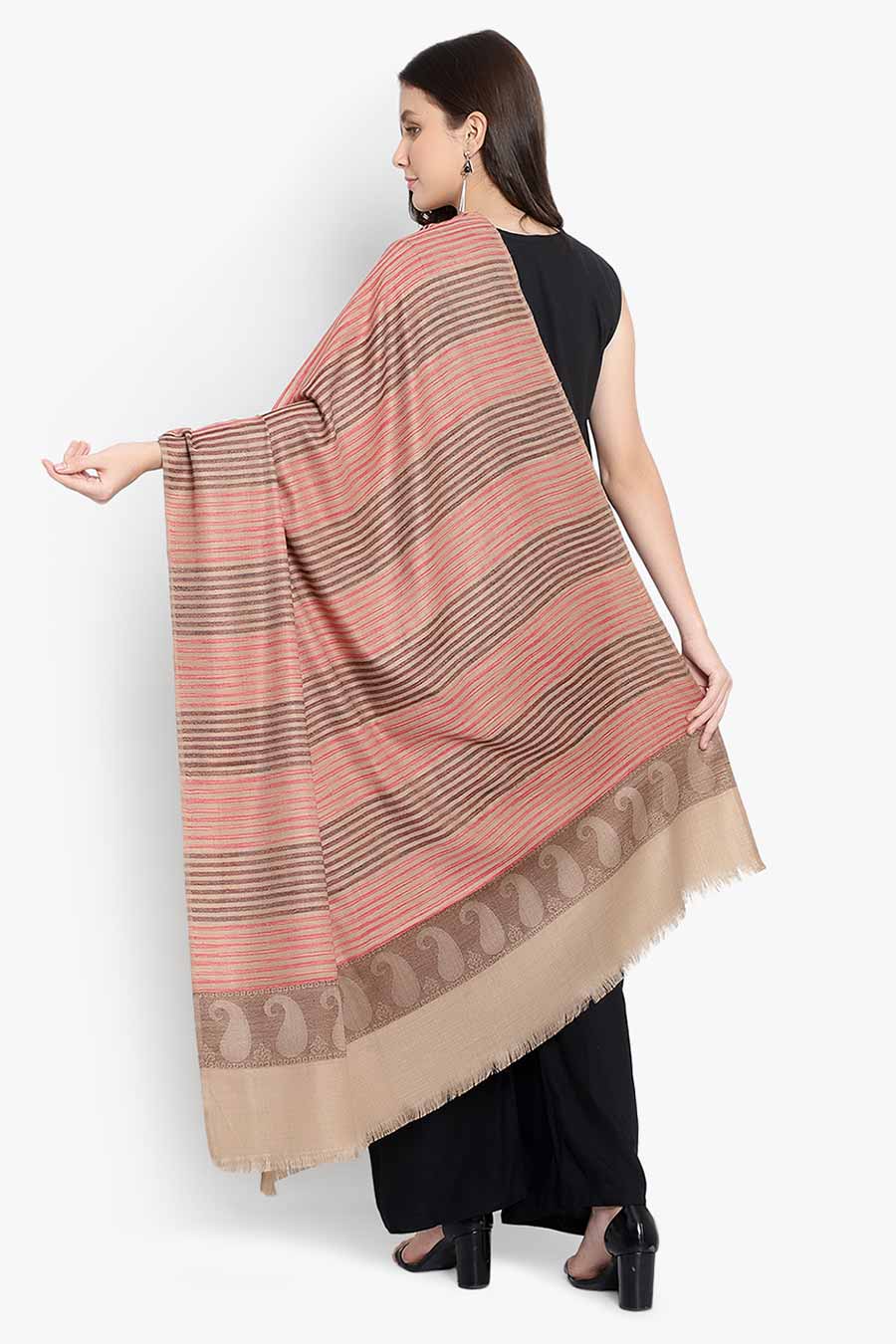 Beige & Pink Stripes Fine Wool Kashmiri Shawl