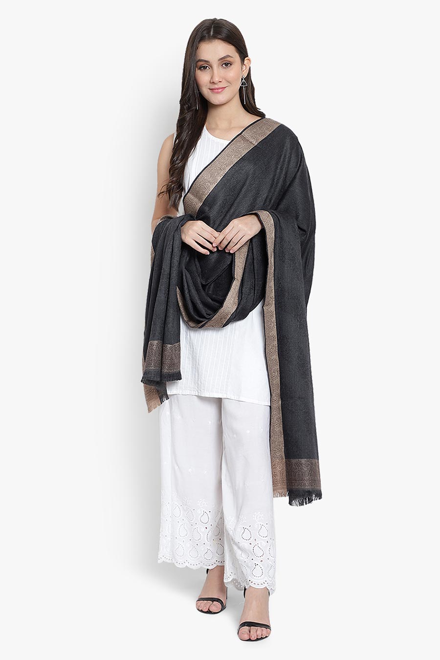 Black Textured Fine Wool Kashmiri Shawl