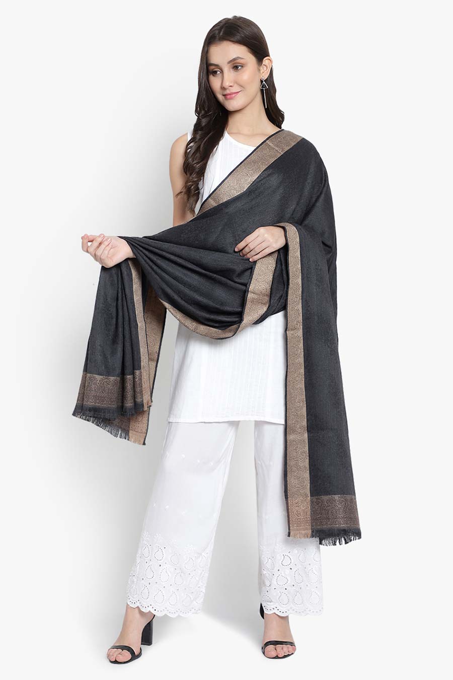 Black Textured Fine Wool Kashmiri Shawl