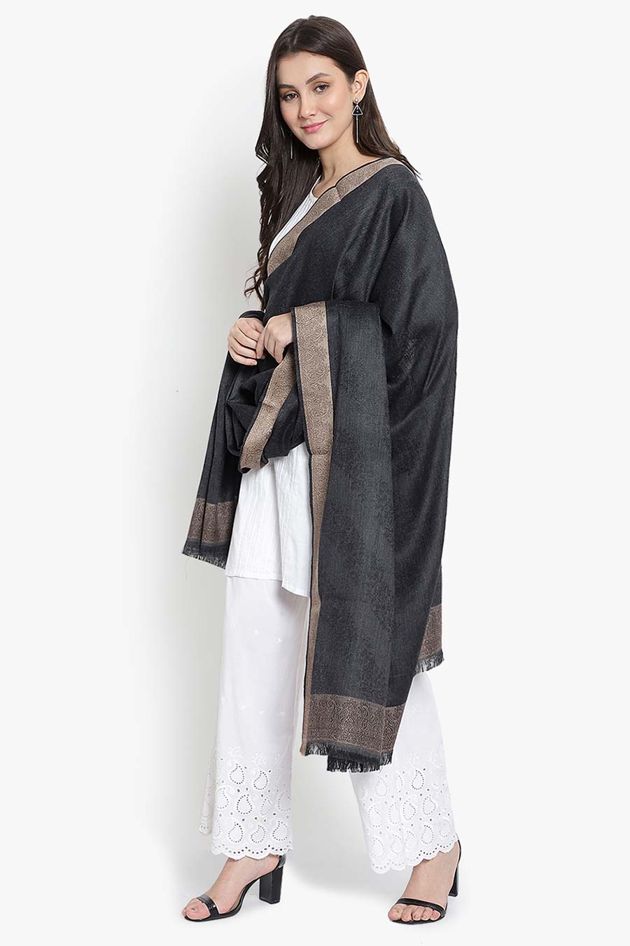 Black Textured Fine Wool Kashmiri Shawl