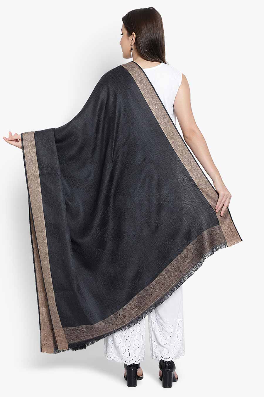 Black Textured Fine Wool Kashmiri Shawl