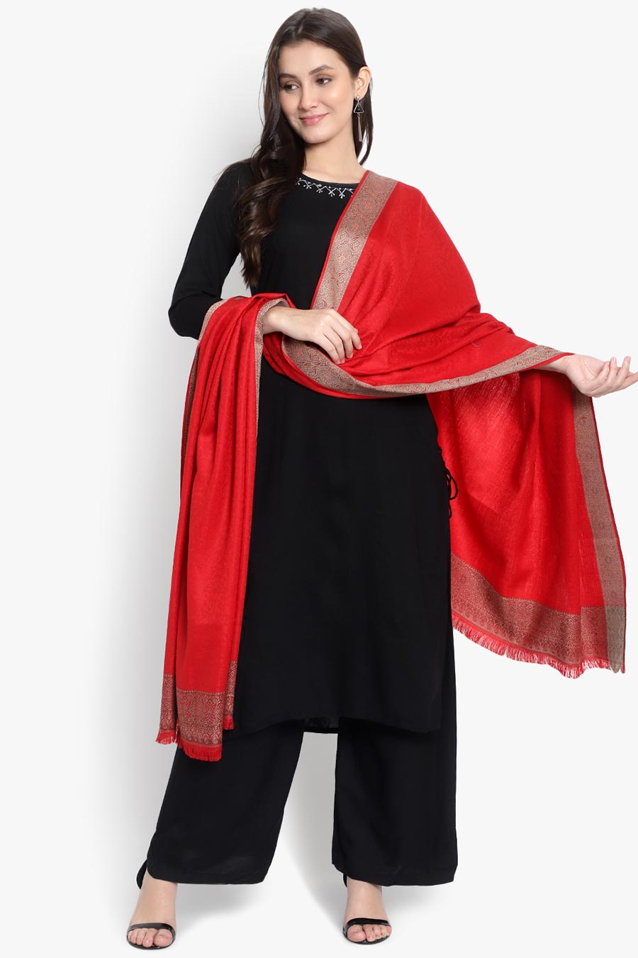 Red Textured Fine Wool Kashmiri Shawl