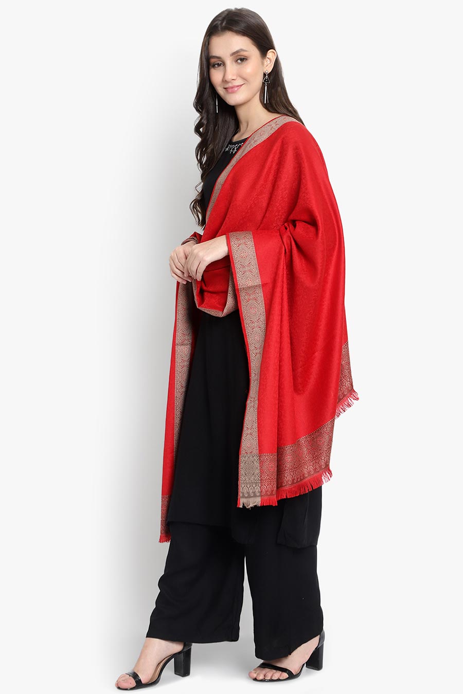 Red Textured Fine Wool Kashmiri Shawl