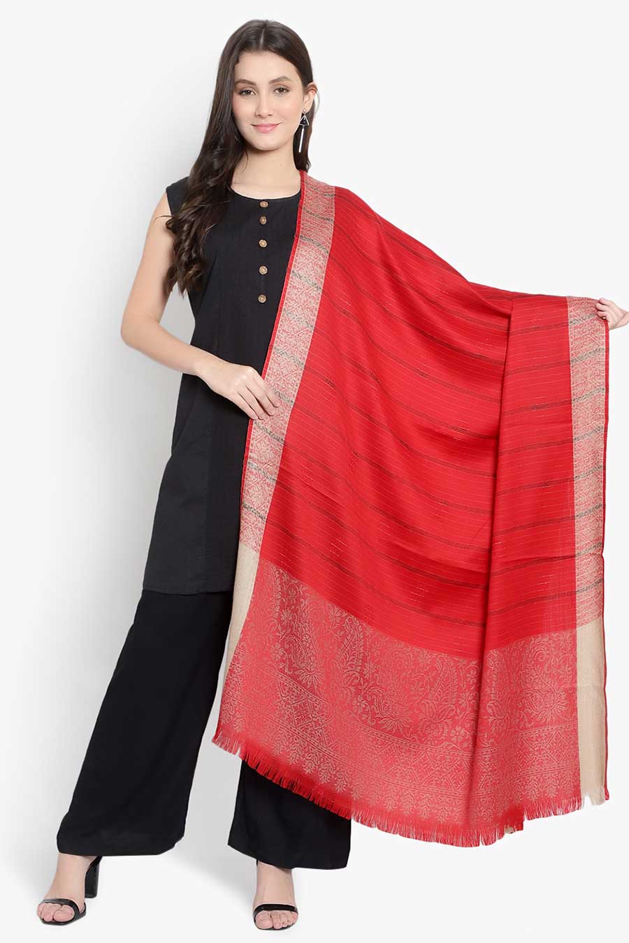 Red Stripes Fine Wool Kashmiri Shawl