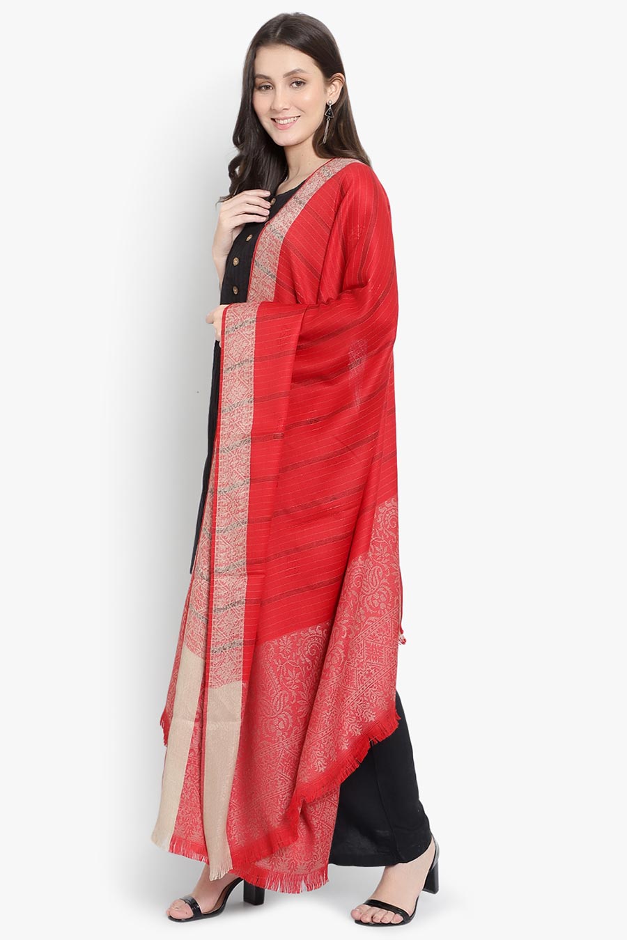 Red Stripes Fine Wool Kashmiri Shawl