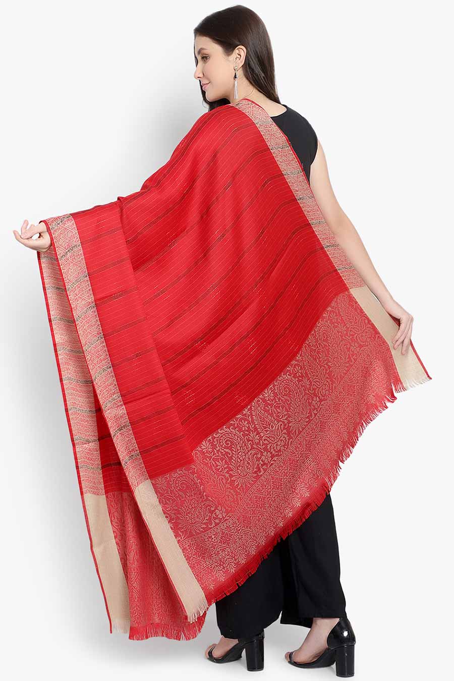 Red Stripes Fine Wool Kashmiri Shawl