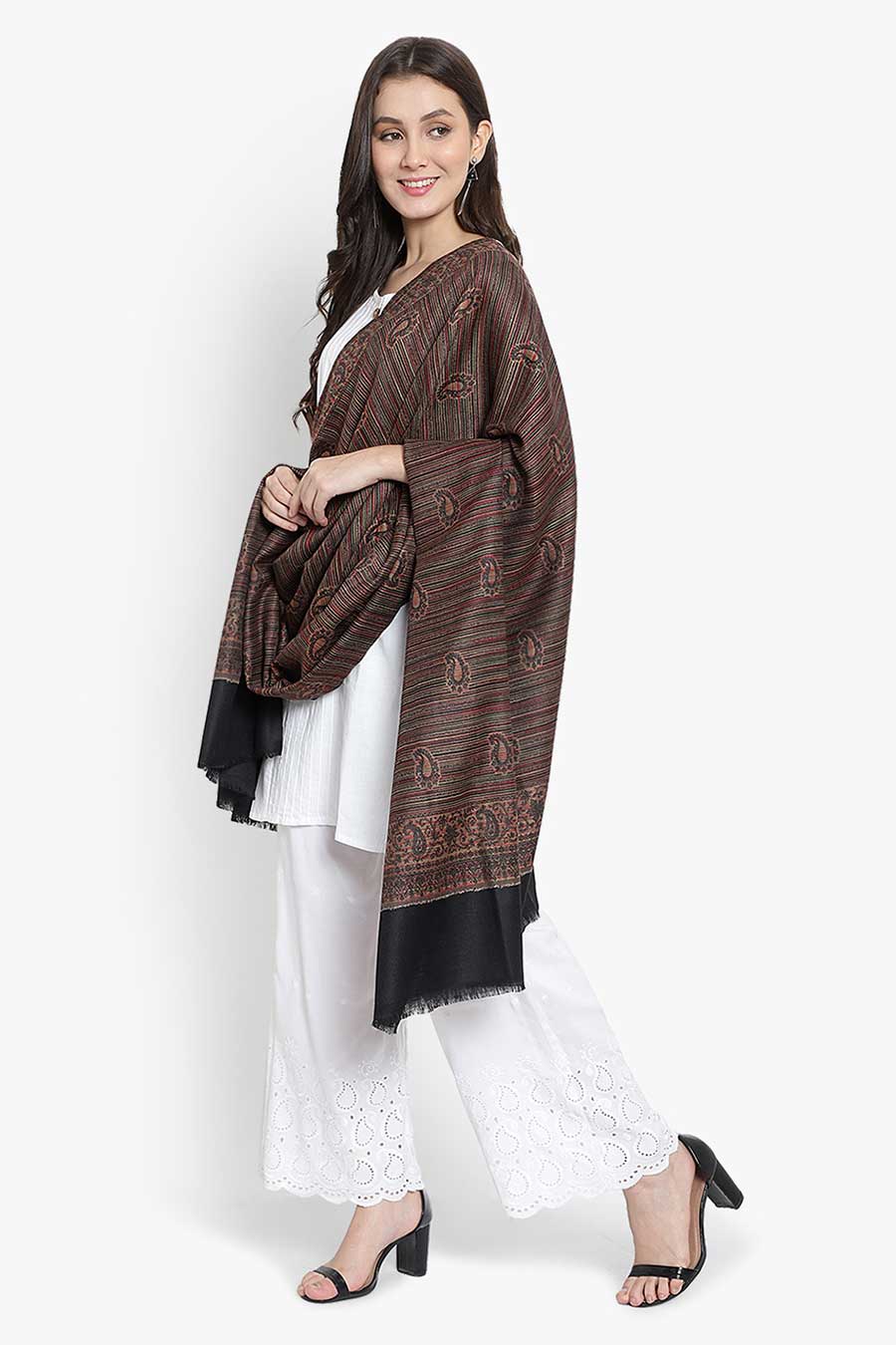 Black Stripes Fine Wool Kashmiri Shawl