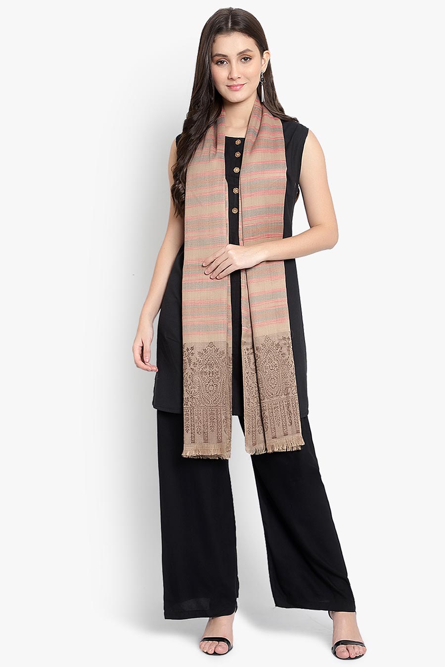 Beige Stripes Fine Wool Kashmiri Shawl