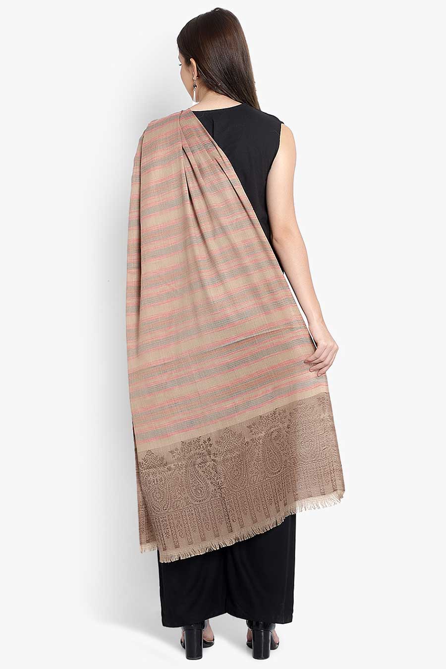Beige Stripes Fine Wool Kashmiri Shawl