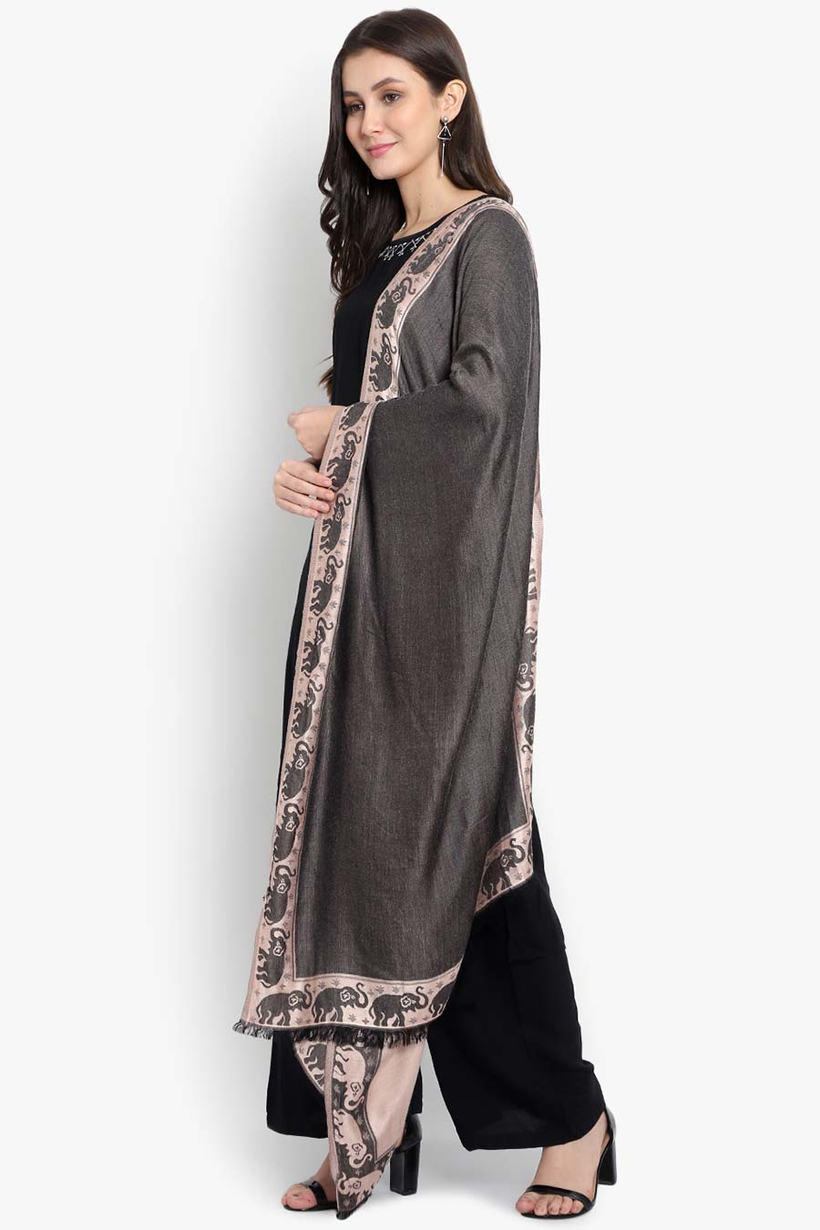 Black Elephant Motif Modal Silk Stole