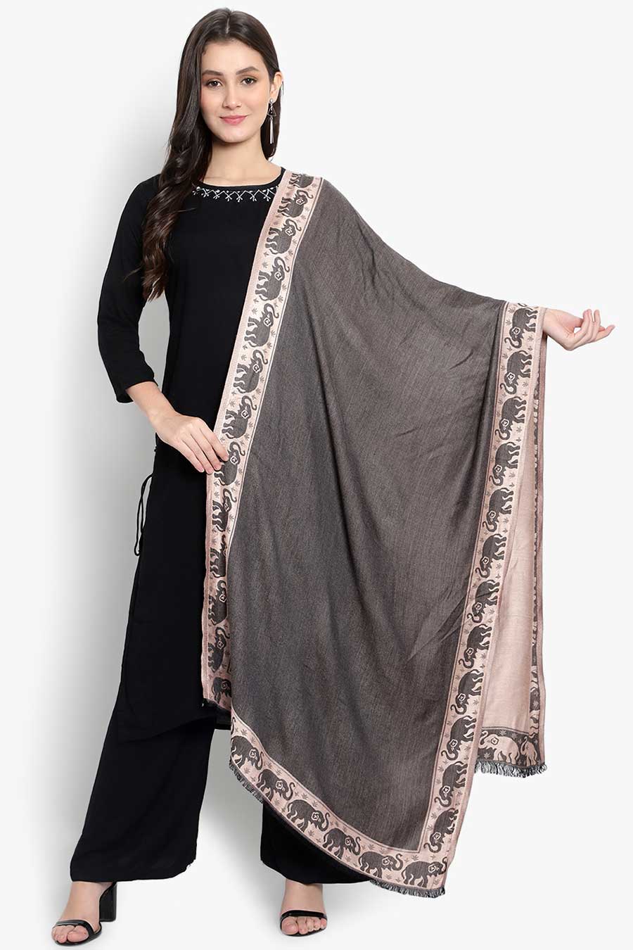 Black Elephant Motif Modal Silk Stole
