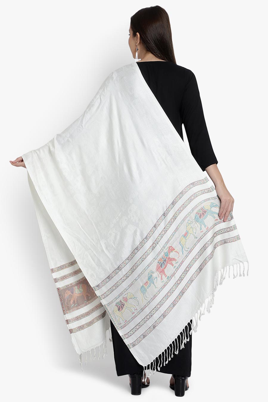 Cream Elephant Motif Viscose Silk Stole