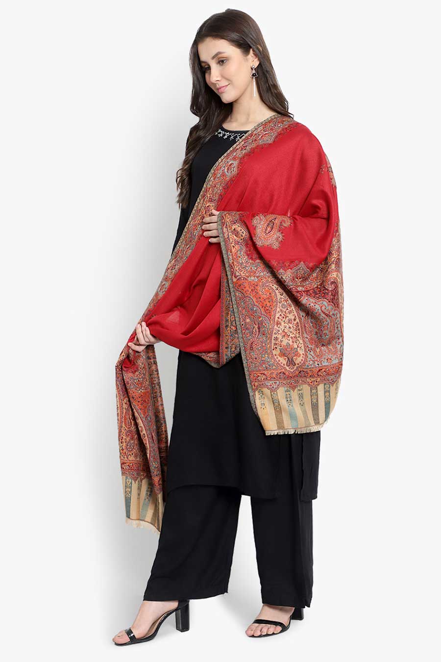 Red Paisley Kaani Cutting Fine Wool Stole