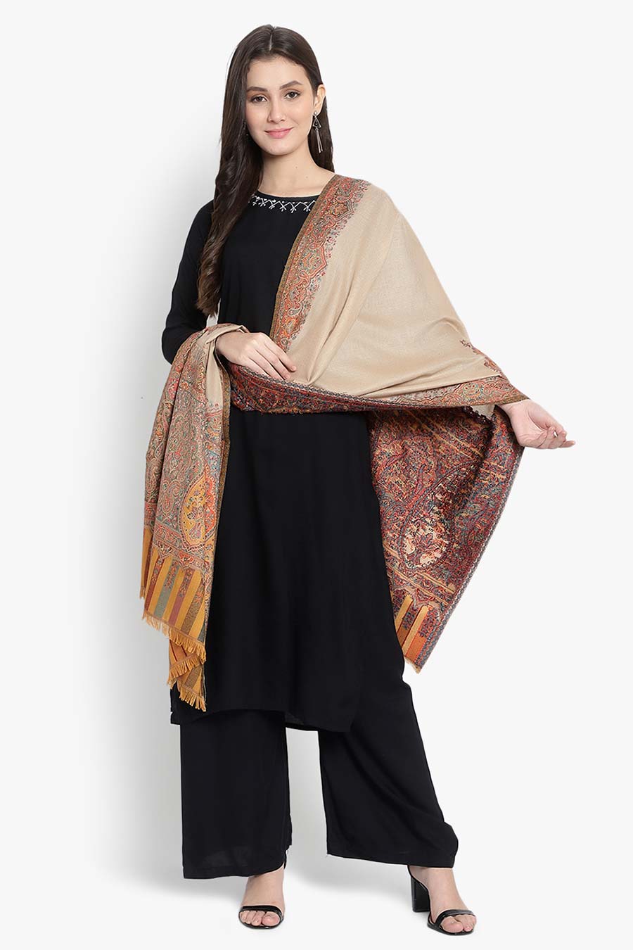 Beige Paisley Kaani Cutting Fine Wool Stole