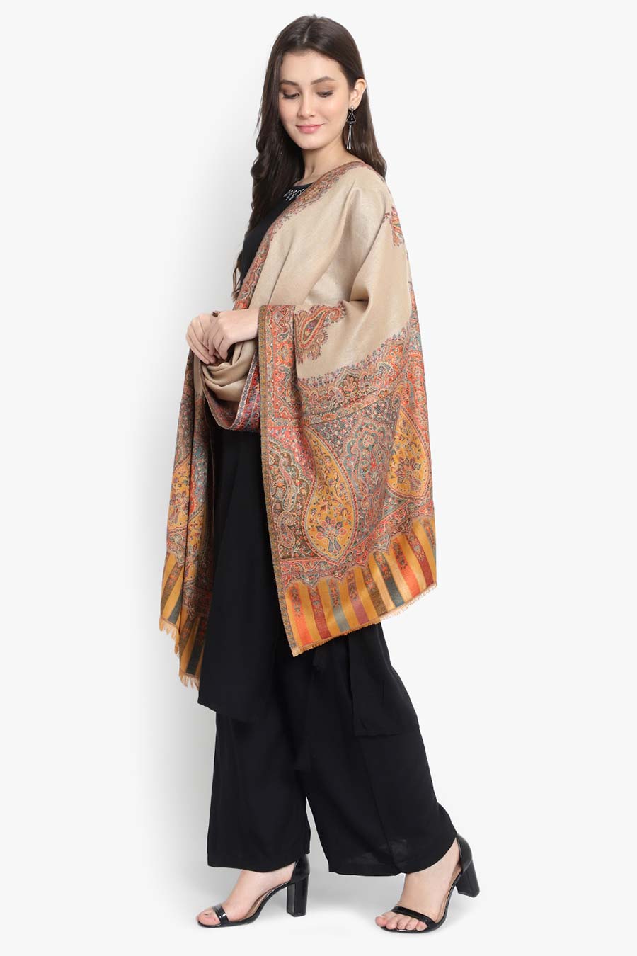 Beige Paisley Kaani Cutting Fine Wool Stole