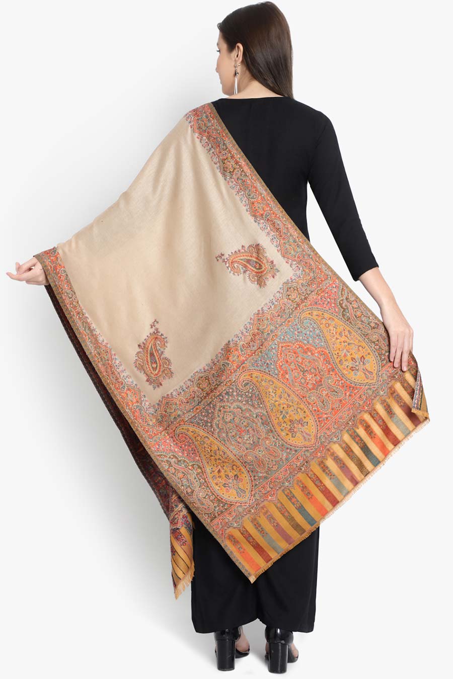 Beige Paisley Kaani Cutting Fine Wool Stole