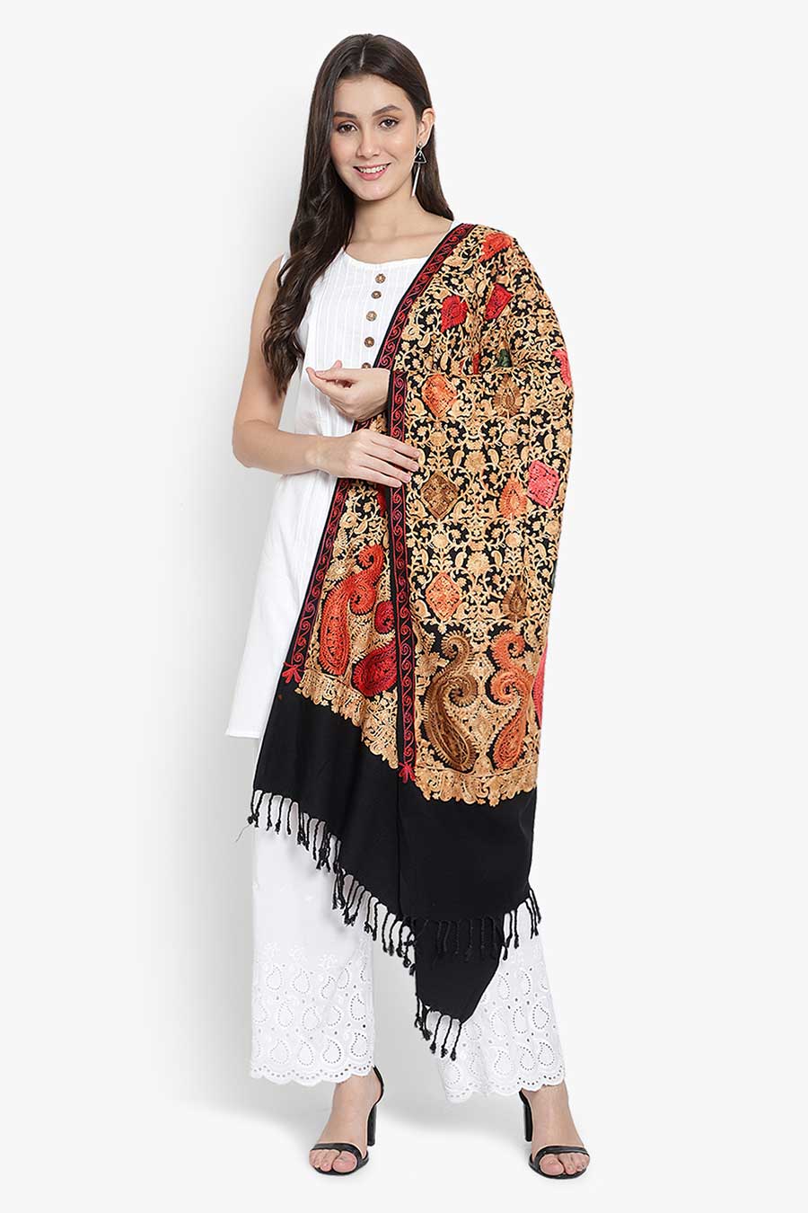 Black Fine Wool Blend Embroidered Stole